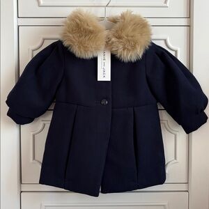NWT Janie and Jack Baby Girl Navy Blue Pea Coat w/ Faux Fur Collar 6-12 Months